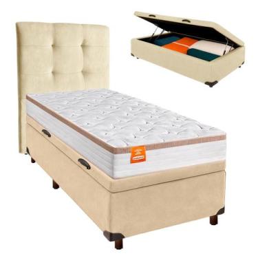 Imagem de Cama Box Bau + Colchão Solteiro Molas Ensacadas Isis Inducol + Cabecei