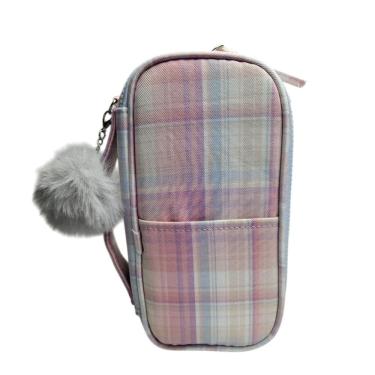 Imagem de Estojo Box Grande Escolar Rosa Claro com Pompom Alça Organizador Fofo Colorido Material Lápis Cor