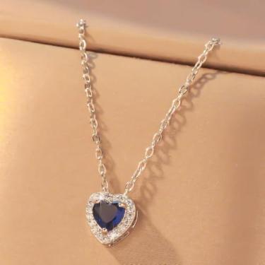Imagem de Colar com pingente de coração de prata com pedra preciosa azul, joia delicada elegante para mulheres