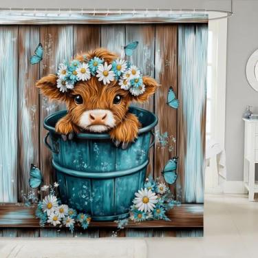 Imagem de jejeloiu HighlCow Cortina de chuveiro para banheiro Margarida Flores Floral Borboleta Cortina de Banho para Banheiras HighlCattle Casa de Banho de Madeira Tecido de Poliéster Impermeável com 12