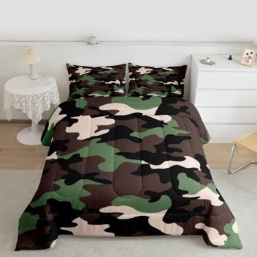 Imagem de jejeloiu Conjunto de edredom camuflado, tamanho casal, para crianças, meninos, meninas, estilo militar, edredom verde exército, 3 peças com 2 fronhas