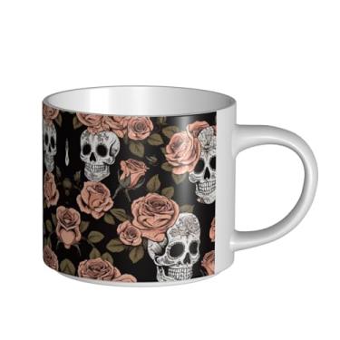 Imagem de ZERAOKE Caveira rosa - Caneca grande de cerâmica estampada para café, capacidade grande para escritório e casa, lavável na lava-louças, design com alça em C.