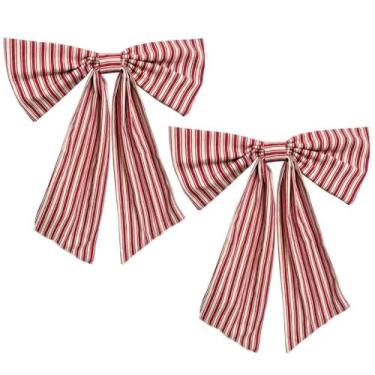 Imagem de Faixa de guirlanda de Natal – arcos de topo de árvore – pacote com 2 laços vermelhos listrados de 28 x 38 cm para escadas e guirlandas de árvore de Natal – Decorações de Natal ao ar livre