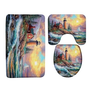Imagem de Conjunto de tapetes de banho com 3 peças, oceano, praia, ondas, vintage, rústico, floresta, farol, pôr do sol, pintura a óleo, natureza, tapetes de banheiro 40,6 x 61 cm, capa de assento de vaso