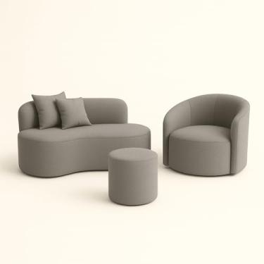 Imagem de Conjunto 01 Poltrona + Sofá e 1 Puff Curvo Orgânico Nature Gaia Sued Cinza - Montanaris Decor