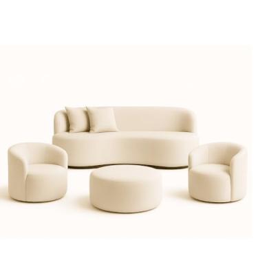 Imagem de Conjunto 02 Poltronas + Sofá e Puff Curvo Orgânico Nature Gaia Boucle Bege - Montanaris Decor