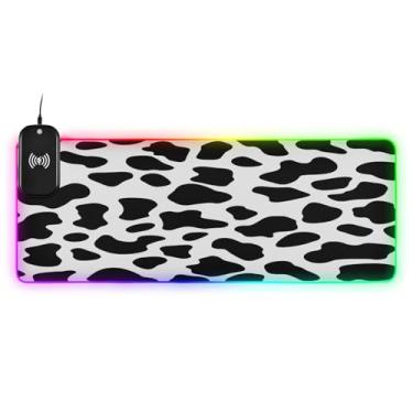 Imagem de CEBUGI Mouse pad de carregamento sem fio com impressão de vaca 15W mouse pad rápido para jogos com 14 iluminação LED RGB para jogos, MacBook, PC, laptop, mesa | 80 x 30 cm