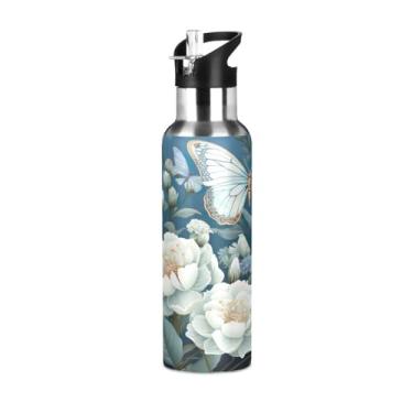 Imagem de Wassud Garrafa de água esportiva de aço inoxidável com canudo garrafas de água com isolamento de palha, copo de flores brancas portátil de 623 g