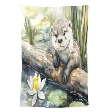 Imagem de STAYTOP Tapeçaria adorável lontra na parede de lótus tapeçarias para decoração de casa decoração de dormitório sala de estar quarto tapete de parede (60 × 51 polegadas)