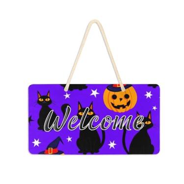 Imagem de Burbuja Placa de boas-vindas Pumpkins Black Cats para porta da frente, placa de boas-vindas de PVC para decoração de férias, 15 x 28 cm