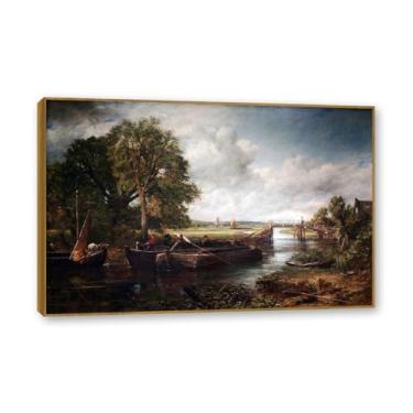 Imagem de Moldura de teca. Arte em tela romantismo estilo constável, (vista do rio Stol), pintura de paisagem inglesa emoldurada, decoração de parede elegante para sala de estar escritório. 50 x 75 cm - 19,7 x