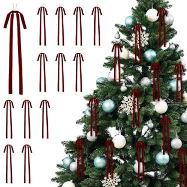 Imagem de 12 peças de laços de veludo para árvore de Natal, 40 x 60 cm Borgonha vintage laços de Natal com laços torcidos dourados, enfeites de laço de fita de veludo para decoração de guirlanda de presentes de