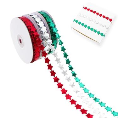 Imagem de Vignor Rolo de fita estrela, tecido de costura, corda para embrulho de presente, acessórios para mães, suprimentos de decoração de Natal, artesanato DIY (60 metros prata, vermelho, verde pacote