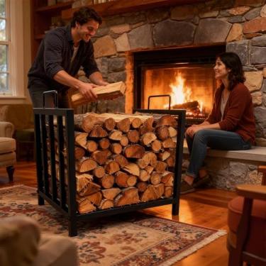Imagem de MegaChoice Rack pequeno de lenha de 44,5 cm ao ar livre, suporte de madeira resistente para lareira de metal com alças, organizador de armazenamento de lenha para fogueira, acessórios de fogão a lenha