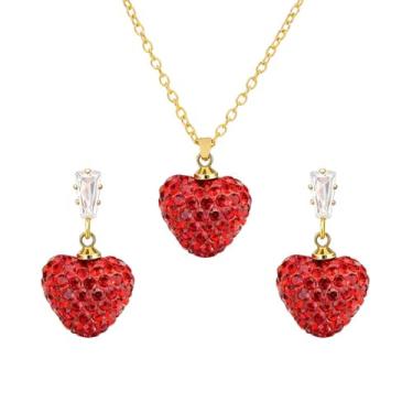 Imagem de coadipress Conjunto de colar de brincos de coração vermelho com strass para mulheres joias de dia dos namorados presentes para ela brincos de gota de coração brilhante de cristal acessórios de roupa
