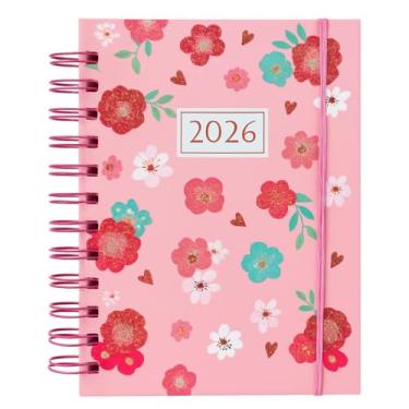Imagem de Agenda Diária 2026 Glitter Flores Capa Dura Espiral Rosa e Vermelho 336 Páginas 14 x 19 cm Planner Semanal com Calendário