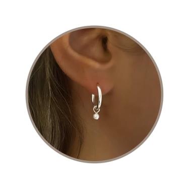 Imagem de Annika Bella Brincos de argola Huggie, delicados Huggies com pingente pendurado, argolas pequenas com pingentes, brincos hipoalergênicos de ouro ou prata sem manchas para mulheres, presente para ela