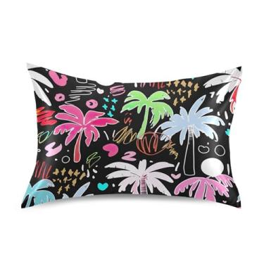 Imagem de Fronhas coloridas vibrantes de cetim com palmeiras fofas arte refrescante King Queen travesseiros padrão fronhas confortáveis presentes de cama tamanho padrão 66 cm x 50 cm