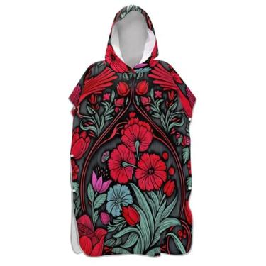 Imagem de TSENQUE Poncho de surf absorvente trocador adulto toalha de natação com capuz aquarela flores vermelhas florais poncho masculino com capuz
