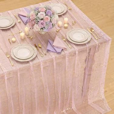 Imagem de Horaldaily Toalha de mesa retangular de gaze ouro rosa 152 x 213 cm, folha metálica com glitter de lantejoulas douradas, gaze de tule transparente para casamento, chá de bebê, cerimônia de aniversário