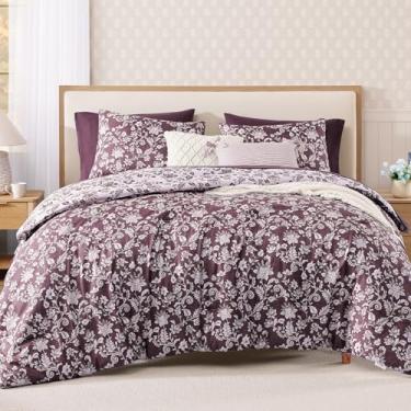 Imagem de BLOOMHAVEN Conjunto de cama queen 7 peças padrão floral roxo escuro para todas as estações, cama queen size com flores botânicas, colchas, fronhas e fronhas