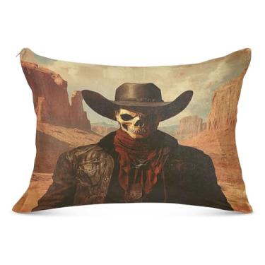Imagem de Capa de travesseiro com zíper e máscara de caveira de caubói Rei do Deserto 50 x 101 cm, capa de travesseiro para cama, sofá, casa