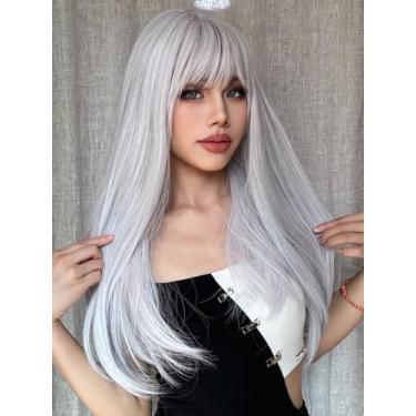 Imagem de ENTRANCED STYLES Peruca branca longa reta feminina peruca cosplay cabelo natural peruca sintética resistente ao calor uso diário festa D