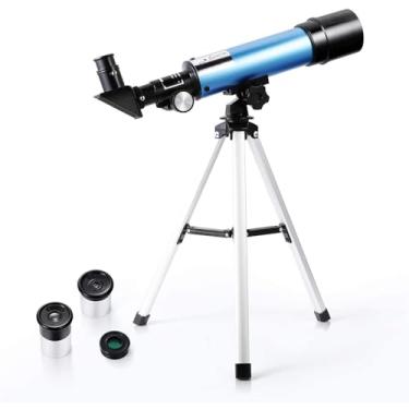 Imagem de Telescópio para iniciantes e crianças, refrator de abertura de 60 mm, portátil, telescópio astronômico 90X portátil com tripé, 2 oculares, lente Barlow 1,5X, presente de astronomia