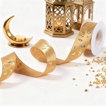 Imagem de 1 rolo de fita Eid Mubarak de 5 metros, fita de gorgorão tawny com padrão de lanterna de lua e estrela de brilho metálico, decoração de Ramadã para lembrancinha de festa muçulmana islâmica suprimentos