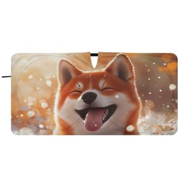 Imagem de Playful Shiba Inu Winter Print Custom Car Sun Shade Para-brisa Engraçado Dobrável Carros Persianas para Janelas Frontais Automotivo Floral, 81.3 cm x 157.5 cm