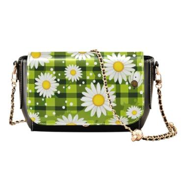 Imagem de Flor em preto com aquarela bolsa de ombro feminina de couro PU, bolsa tiracolo feminina de couro, bolsa de ombro feminina de couro, Xadrez verde com margaridas brancas-3, One Size