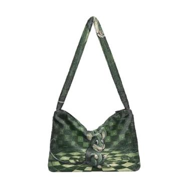 Imagem de GAIGEO Bolsa de ombro retrô amarela abstrata lua gato senhora, bolsa transversal para mulheres, bolsa feminina para uso ao ar livre, Mouse espiral quadrado verde, One Size