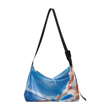 Imagem de Bolsa Hobo de Ombro Leve de Basquete com Fogo e Água, Bolsa Feminina de Couro Transversal, Bolsa tiracolo Vegana, Casa azul e branca - 1, One Size