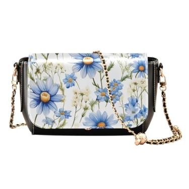 Imagem de GAIGEO Bolsa tiracolo feminina de couro de flor azul e branca, bolsa transversal para mulheres, bolsa de ombro média, Flores Cosmos em aquarela - 3, One Size