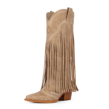 Imagem de Modatope Botas de cowboy femininas com franjas na altura do joelho, bordadas, cowgirl, bico fino, salto grosso, Bronzeado, 41