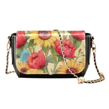 Imagem de Flor em preto com aquarela bolsa de ombro feminina de couro PU, bolsa tiracolo feminina de couro, bolsa de ombro feminina de couro, Girassol em amarelo-6, One Size