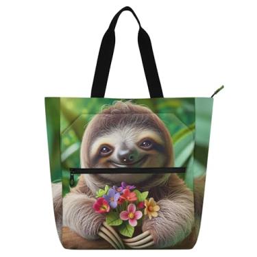 Imagem de GAIGEO Linda bolsa de trabalho de bicho-preguiça sorridente para mulheres, bolsas de lona de lona para professores universitários com compartimentos