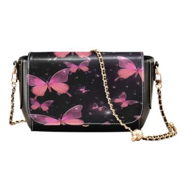 Imagem de Bolsa tiracolo de couro preto com borboletas rosas, bolsa tiracolo de couro para mulheres, bolsa transversal de couro, Borboletas rosa na cor preta-3, One Size