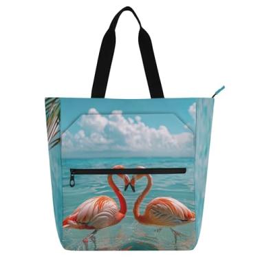 Imagem de GAIGEO Flamingos Ocean Beach Bolsas femininas para trabalho lona praia escola sacola utilitária presente infantil para amantes de livros bolsas