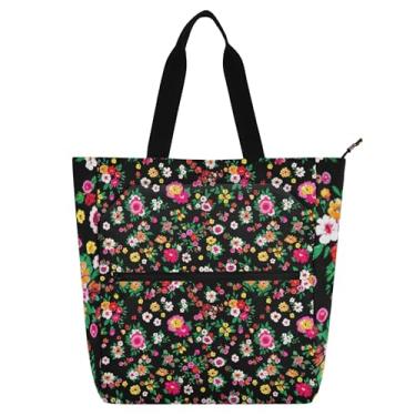 Imagem de GAIGEO Sacola feminina floral vibrante com flores de primavera, bolsa de trabalho de lona com zíper, bolsa de praia para professores, presente para amantes de livros