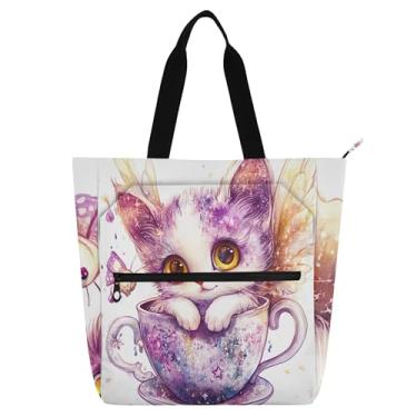 Imagem de GAIGEO Sacola com estampa de gatinho fofo para mulheres e crianças com zíper personalizada para amantes de livros escolares e trabalho