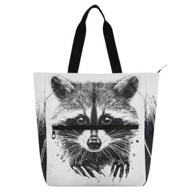 Imagem de GAIGEO Linda bolsa feminina guaxinim preta branca bolsa de trabalho de lona com zíper bolsa de praia média com compartimentos