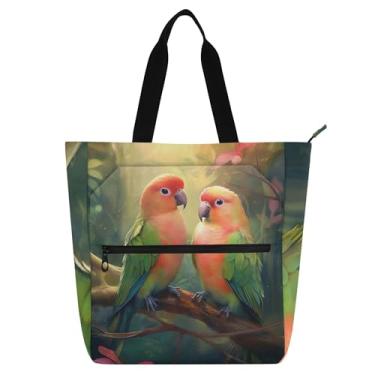 Imagem de GAIGEO Linda bolsa de trabalho com papagaio Lovebirds para mulheres, lona, praia, livro, com zíper, bolsas para professores e compartimentos