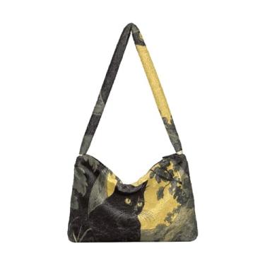 Imagem de GAIGEO Bolsa de ombro retrô amarela abstrata lua gato senhora, bolsa transversal para mulheres, bolsa feminina para uso ao ar livre, Gato lua abstrata amarelo retrô, One Size