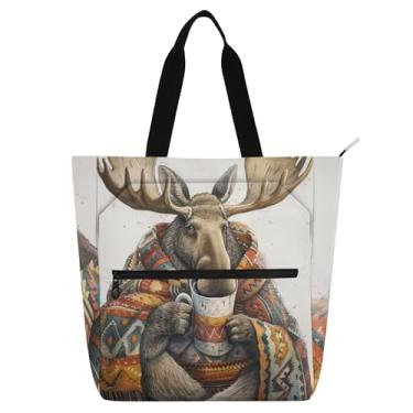 Imagem de Sacola feminina com estampa asteca de alce fofo para trabalho, lona, praia, escola, bolsa para uso diário, presente para amantes de livros