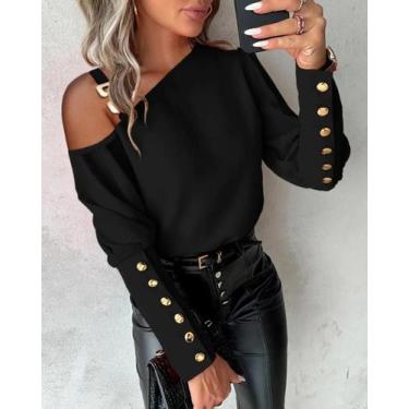 Imagem de Blusa Feminina Elegante Com Manga Lanterna E Botões, Gola O, Casual Pa