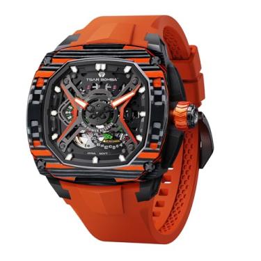 Imagem de TSAR BOMBA Relógios automáticos masculinos de luxo esqueleto mecânico 50 m à prova d'água moda relógio quadrado presente para homens, Laranja