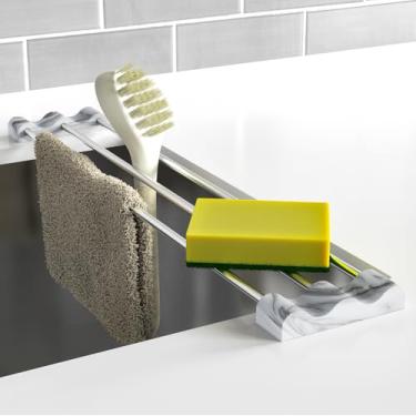 Imagem de Tomorotec Rack de cozinha ajustável sobre a pia para panos de louça, esponjas, garrafas e escovas - aço inoxidável resistente ao calor com design fino e expansível e suporte de silicone multifuncional