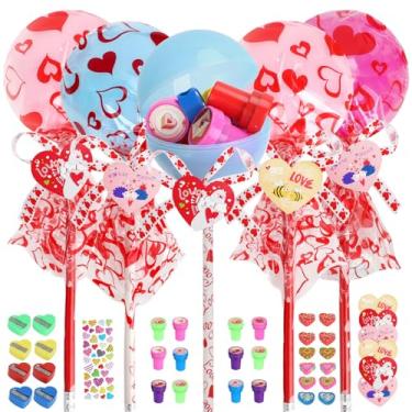 Imagem de Presentes de Dia dos Namorados para estudantes, pacote com 24 pirulitos gigantes, conjunto de papelaria em forma com cartões de Natal, lápis, adesivos, borrachas, estamperes, apontador para troca de