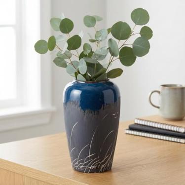 Imagem de Wancetang Vaso preto e azul marinho, vaso de cerâmica azul escuro de 20 cm para flores, vasos decorativos modernos para decoração de casa, decoração de sala de estar costeira, centro de mesa
